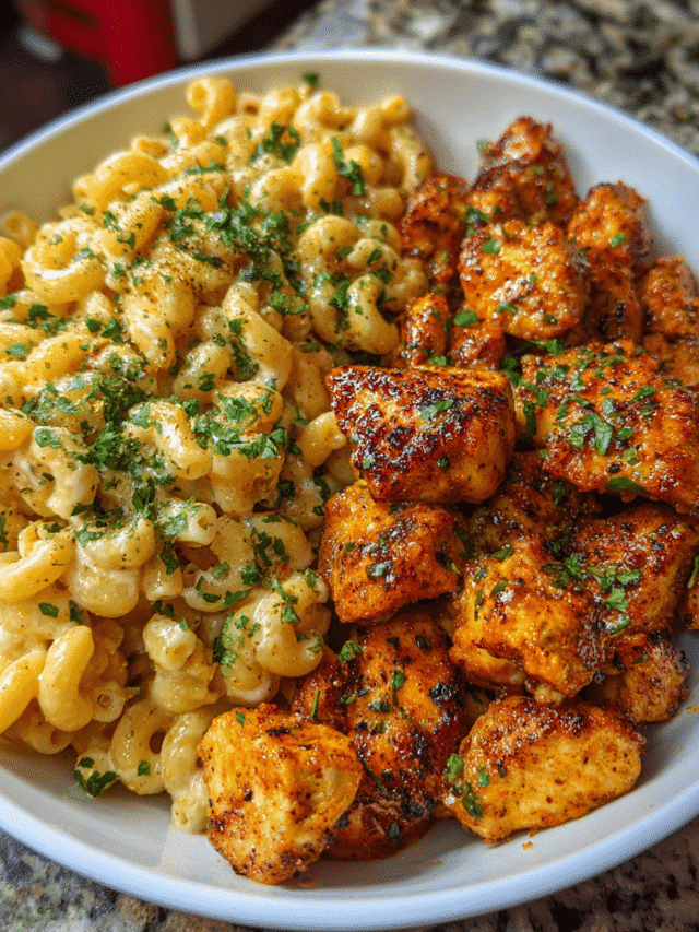 Honey garlic chicken served with creamy mac and cheese