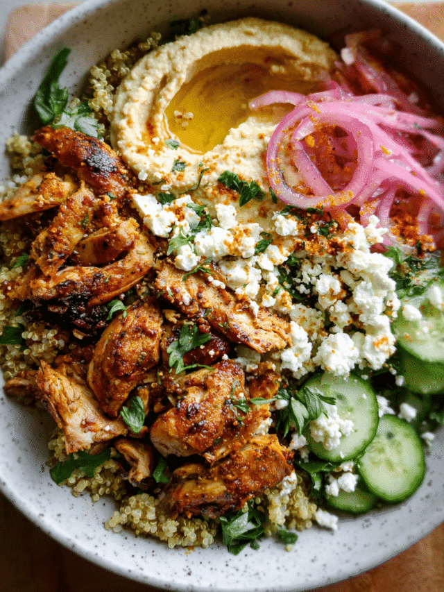Hummus bowls with chicken shawarma, quinoa, and fresh toppings