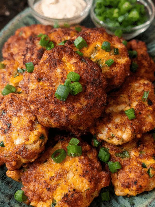 Jalapeño Cheddar Chicken Fritters on a serving plate