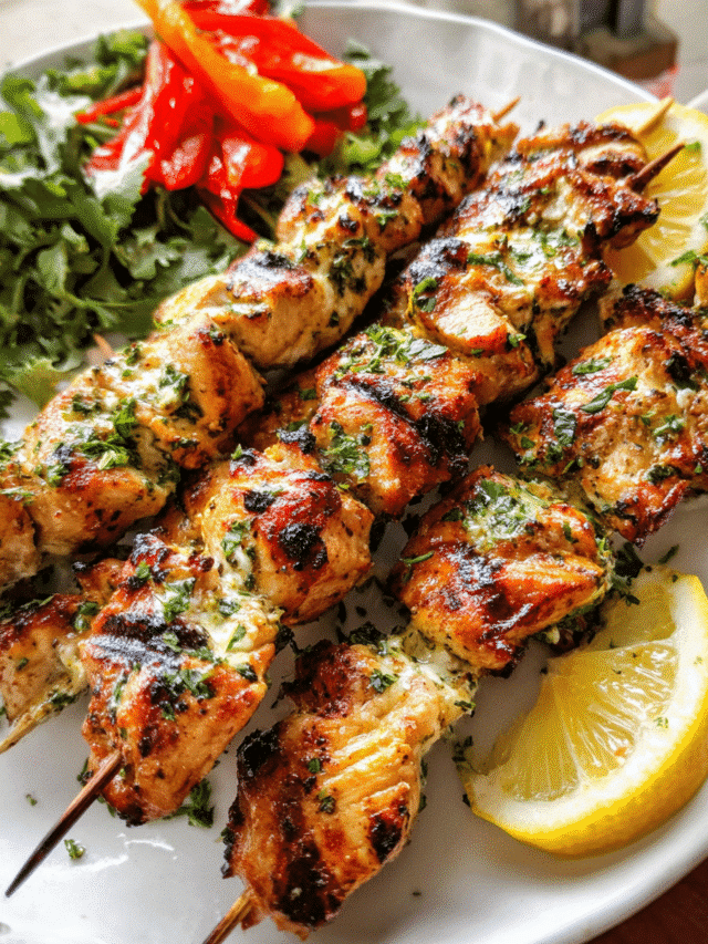 Lemon garlic chicken skewers served with herb butter and lemon wedges