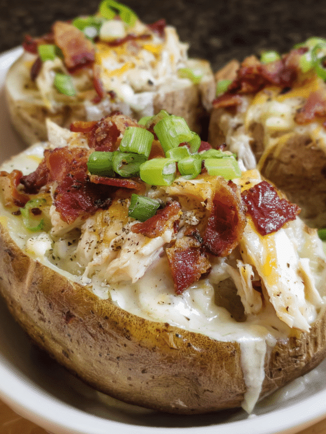Loaded Chicken and Bacon Alfredo Potato with creamy Alfredo sauce