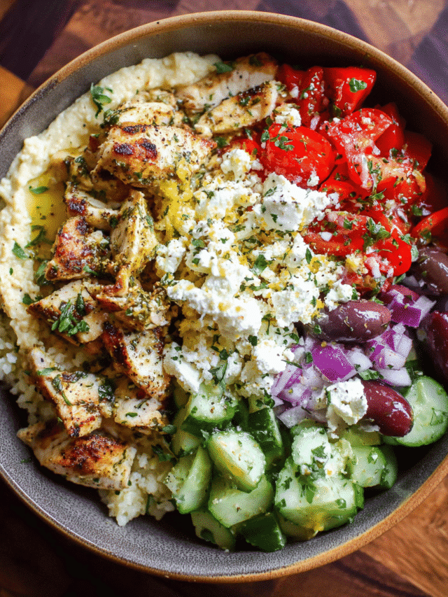 Mediterranean Chicken Hummus Bowls with rice, salad, and feta