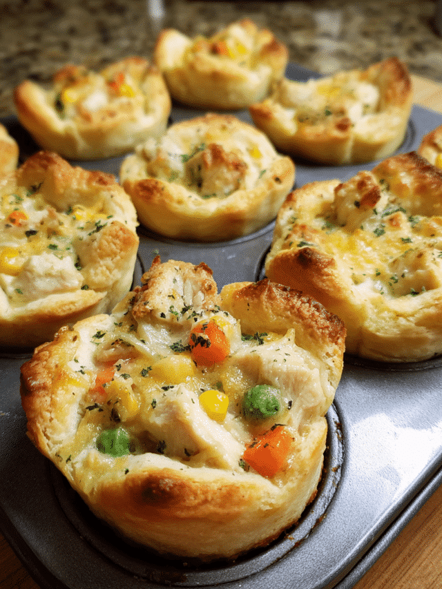 Mini Chicken Pot Pies baked in muffin tin with golden crust