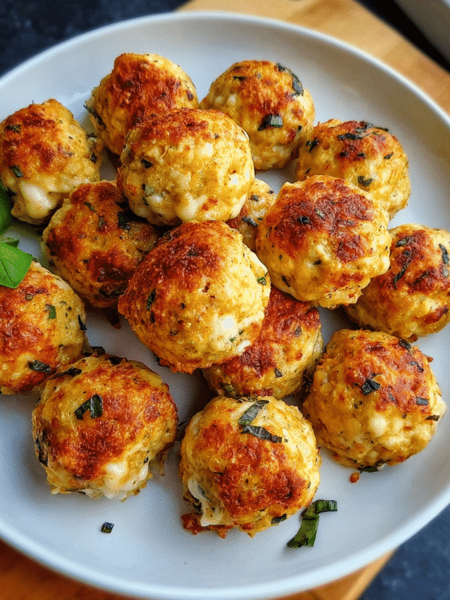 Mozzarella Stuffed Chicken Meatballs baked golden with gooey cheese