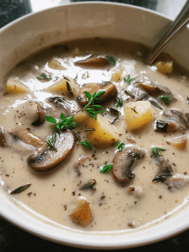 Creamy mushroom and potato soup in a bowl
