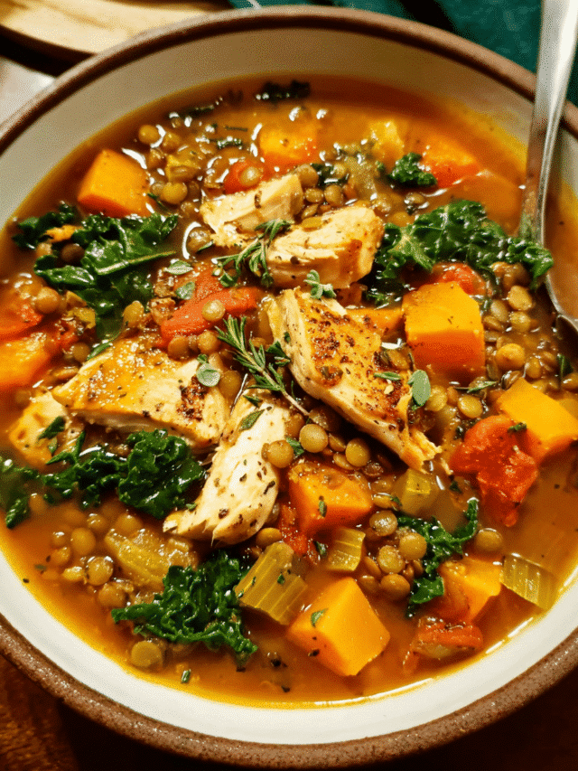 One-Pot Chicken & Lentil Comfort Soup in a bowl