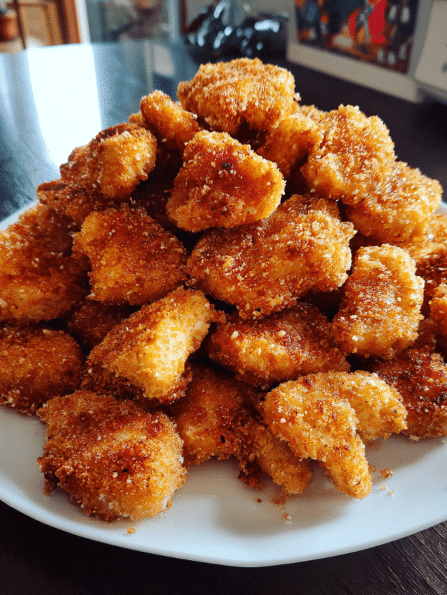 Oven Baked PopCorn Chicken on a sheet pan with golden coating