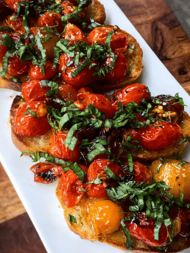 Roasted Cherry Tomato Bruschetta on toasted crostini with basil