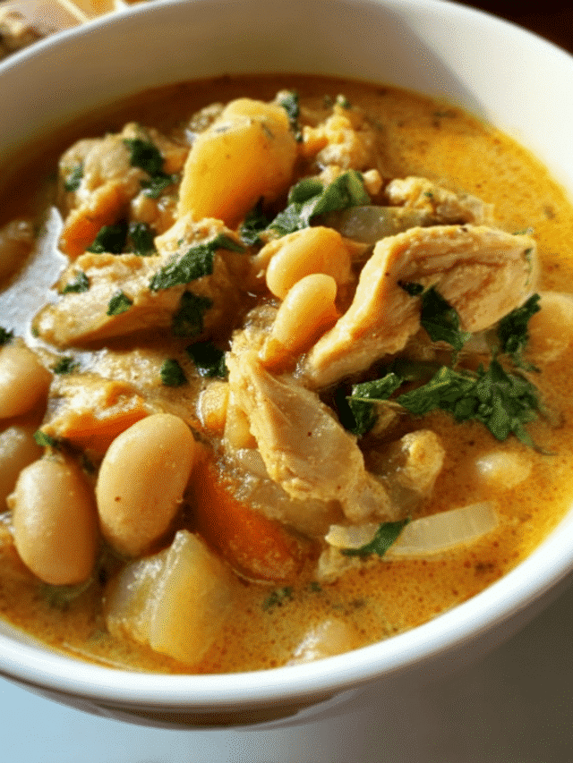 Rustic Chicken and White Bean Stew in a bowl garnished with cilantro
