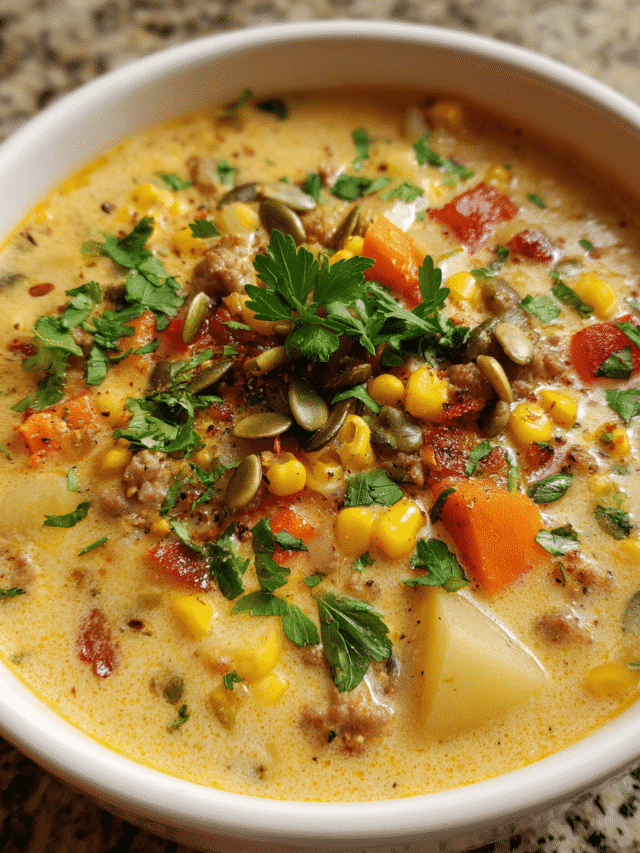 Bowl of sausage and corn chowder topped with cilantro and toasted pepitas