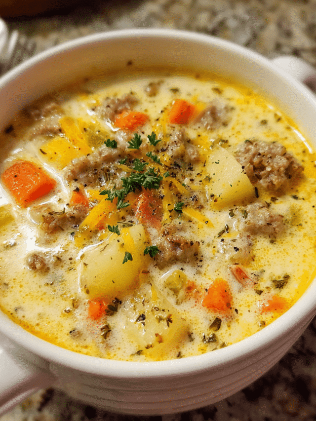 Creamy sausage potato soup in a pot with vegetables and cheese