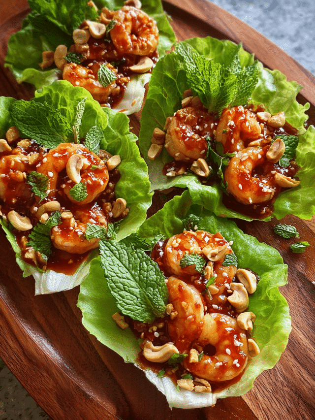 Sticky shrimp lettuce cups with sweet chili sauce and herbs