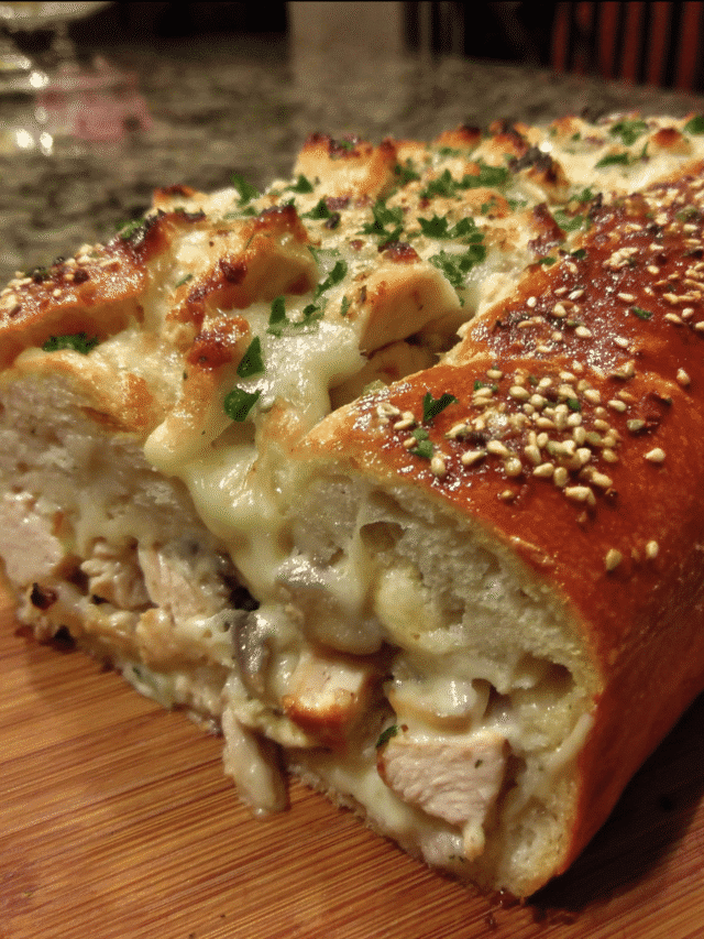 A comforting baked loaf filled with creamy chicken Alfredo, mozzarella, Parmesan, and herbs, perfect for sharing.