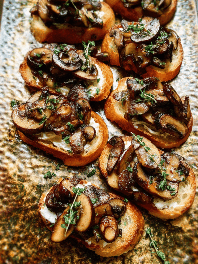 Roasted mushroom crostini topped with caramelized mushrooms and goat cheese