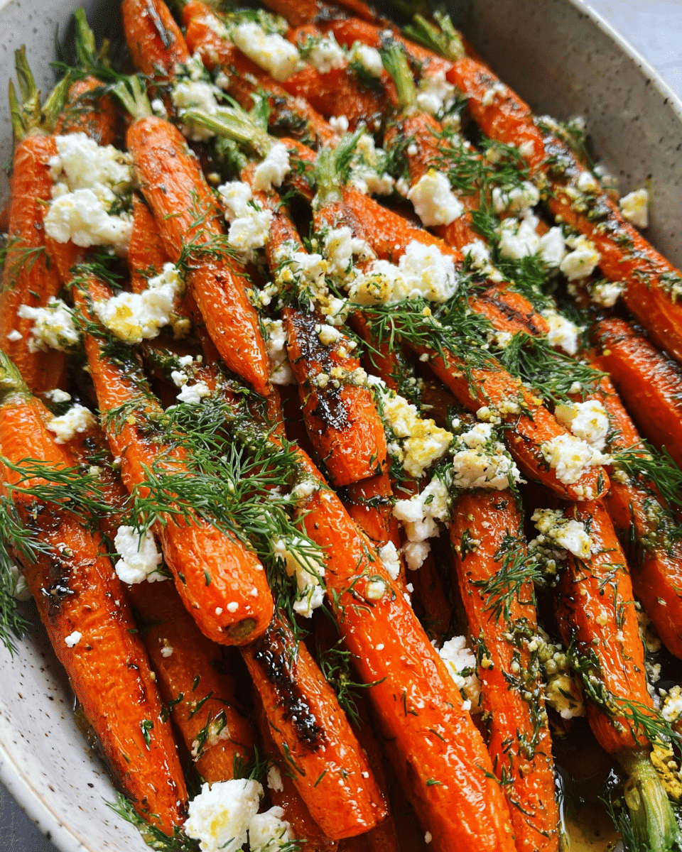 Honey roasted carrots topped with feta and fresh dill
