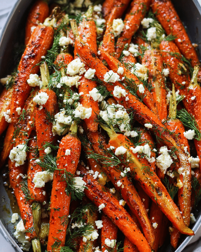 Honey roasted carrots topped with feta and fresh dill