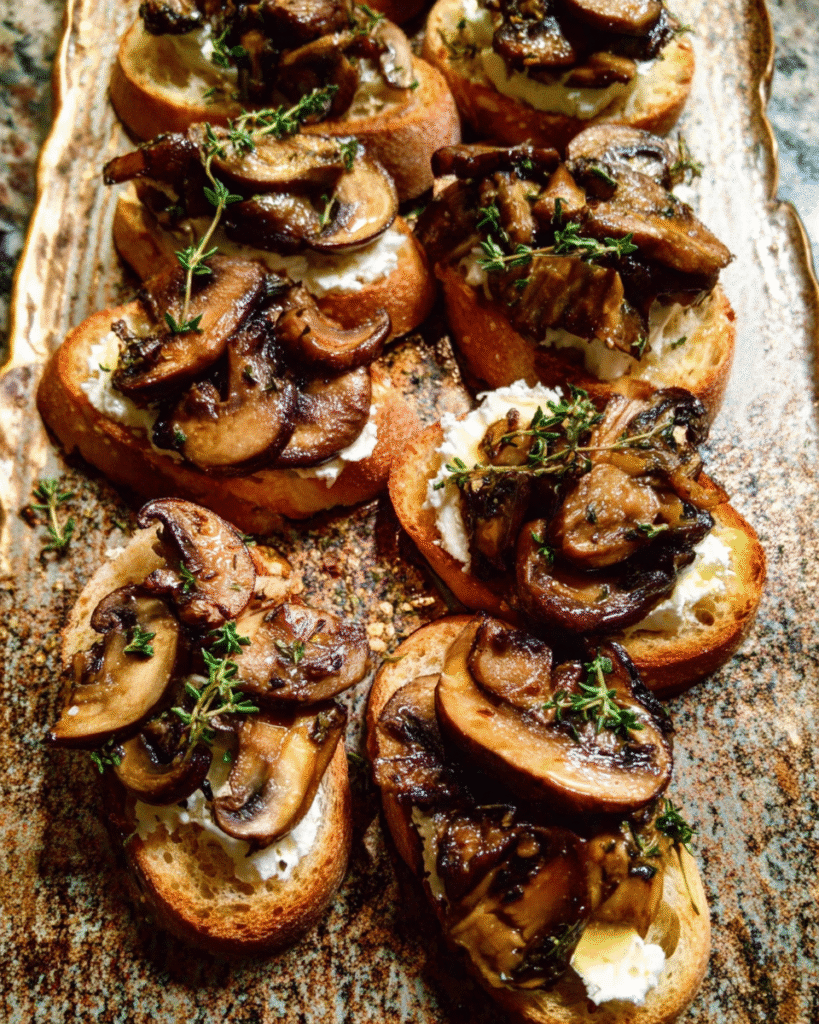 Roasted mushroom crostini topped with caramelized mushrooms and goat cheese