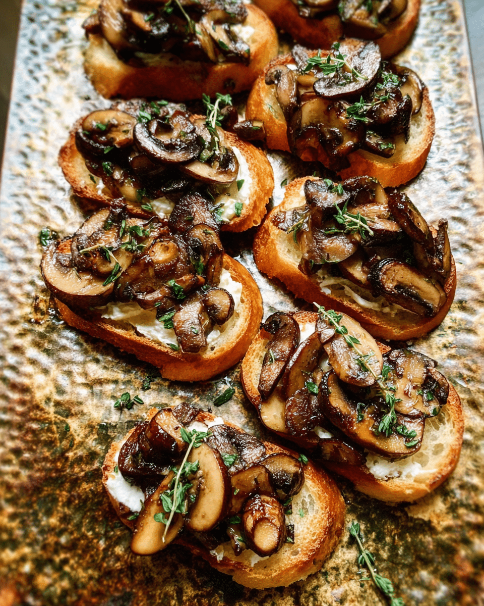 Roasted mushroom crostini topped with caramelized mushrooms and goat cheese