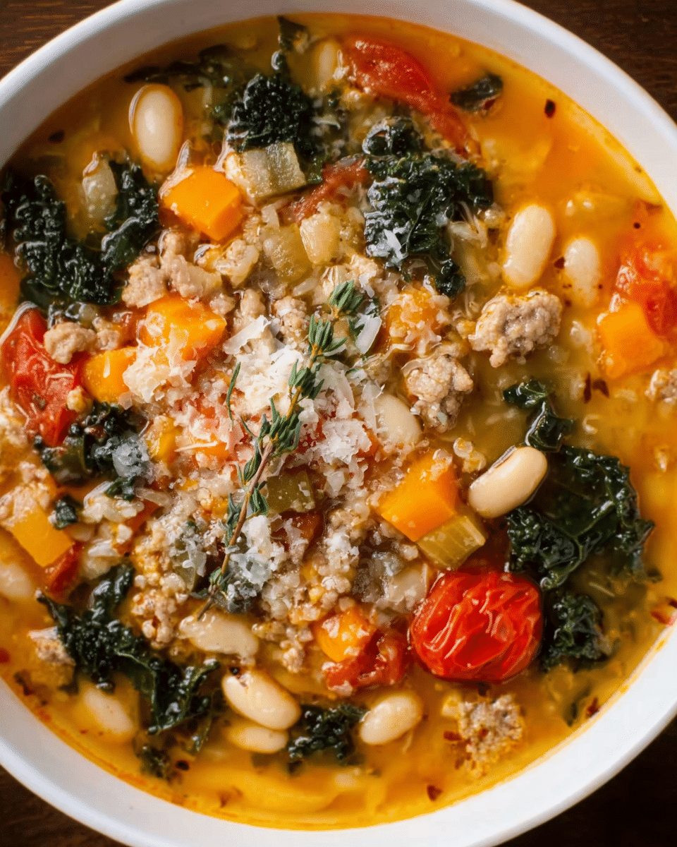 Tuscan turkey soup with white beans, kale, and Parmesan
