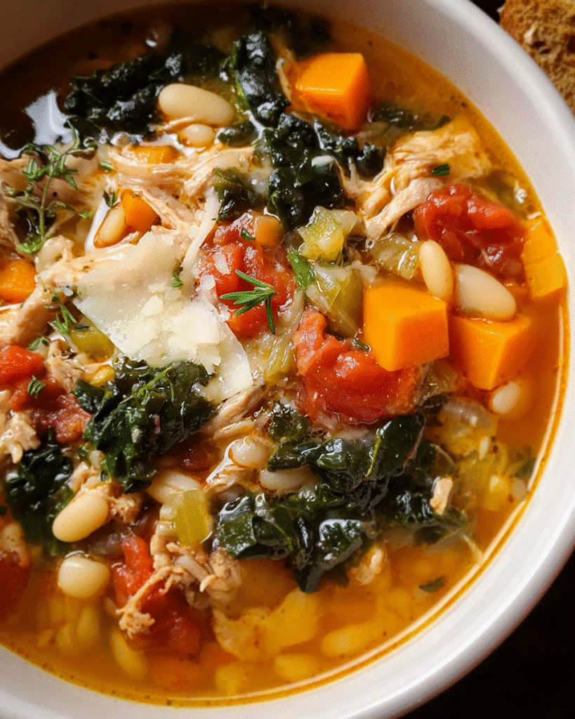 Tuscan turkey soup with white beans, kale, and Parmesan