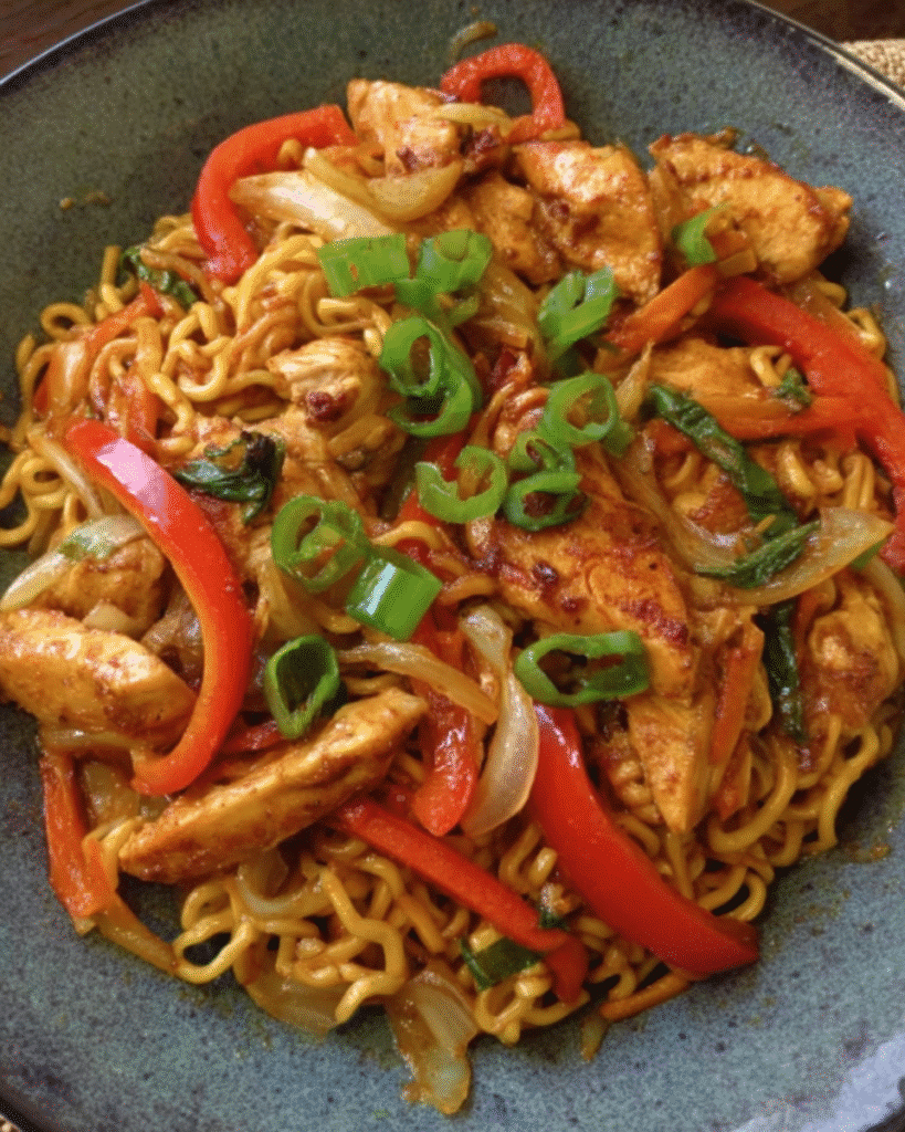 15-Minute Spicy Chicken Ramen Stir Fry in skillet
