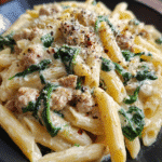 20 Minute Creamy Garlic Sausage Pasta served in a white bowl with fresh spinach