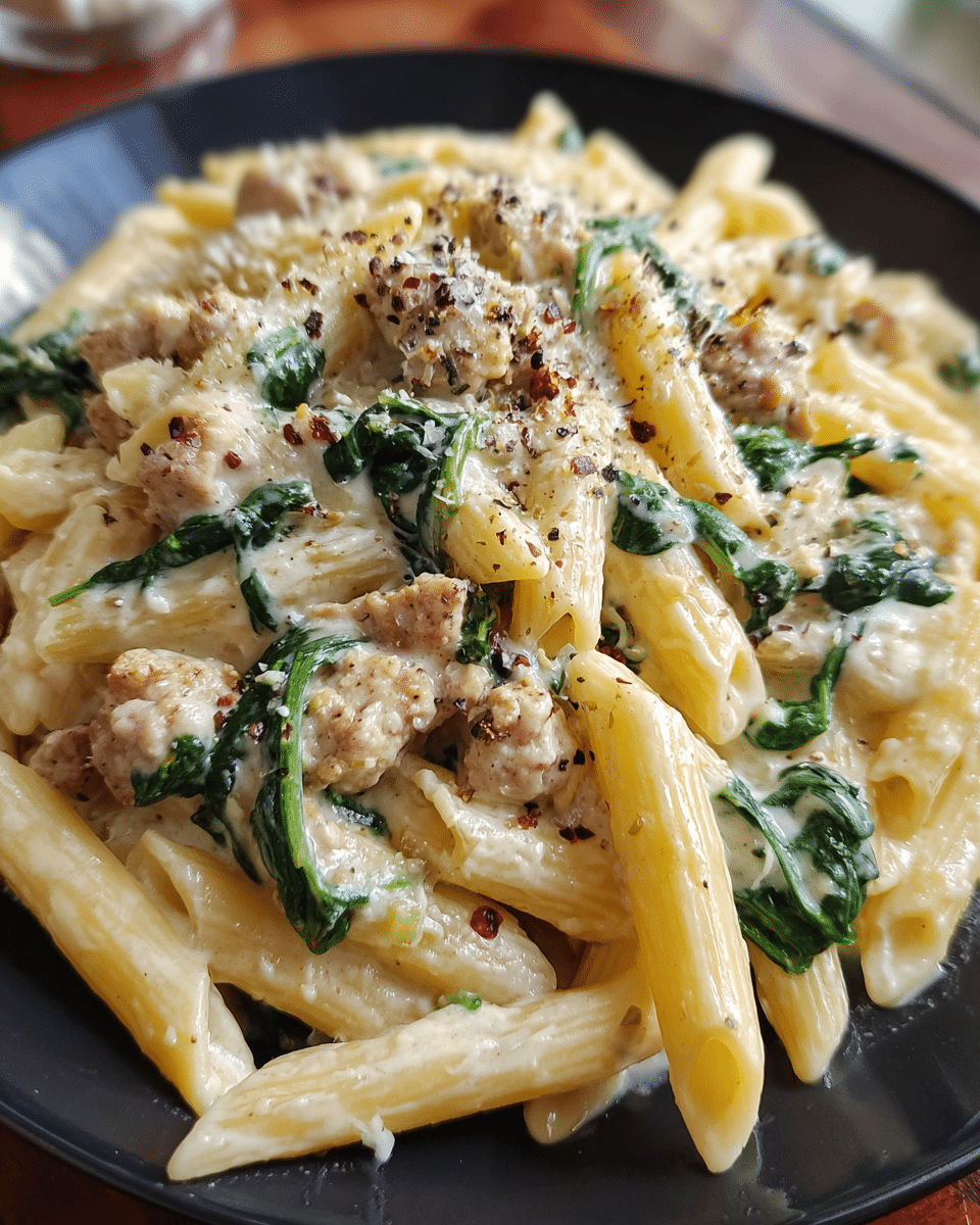 20 Minute Creamy Garlic Sausage Pasta served in a white bowl with fresh spinach