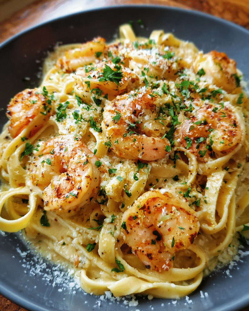 20-minute creamy garlic shrimp pasta with parsley