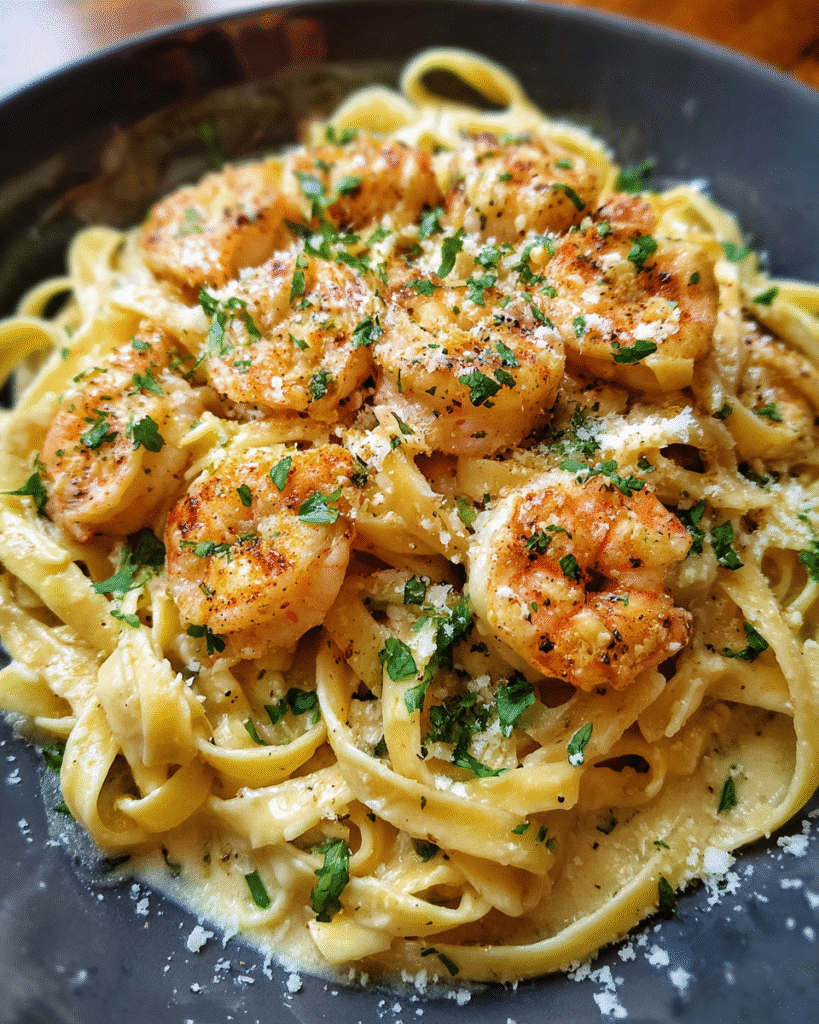 20-minute creamy garlic shrimp pasta with parsley