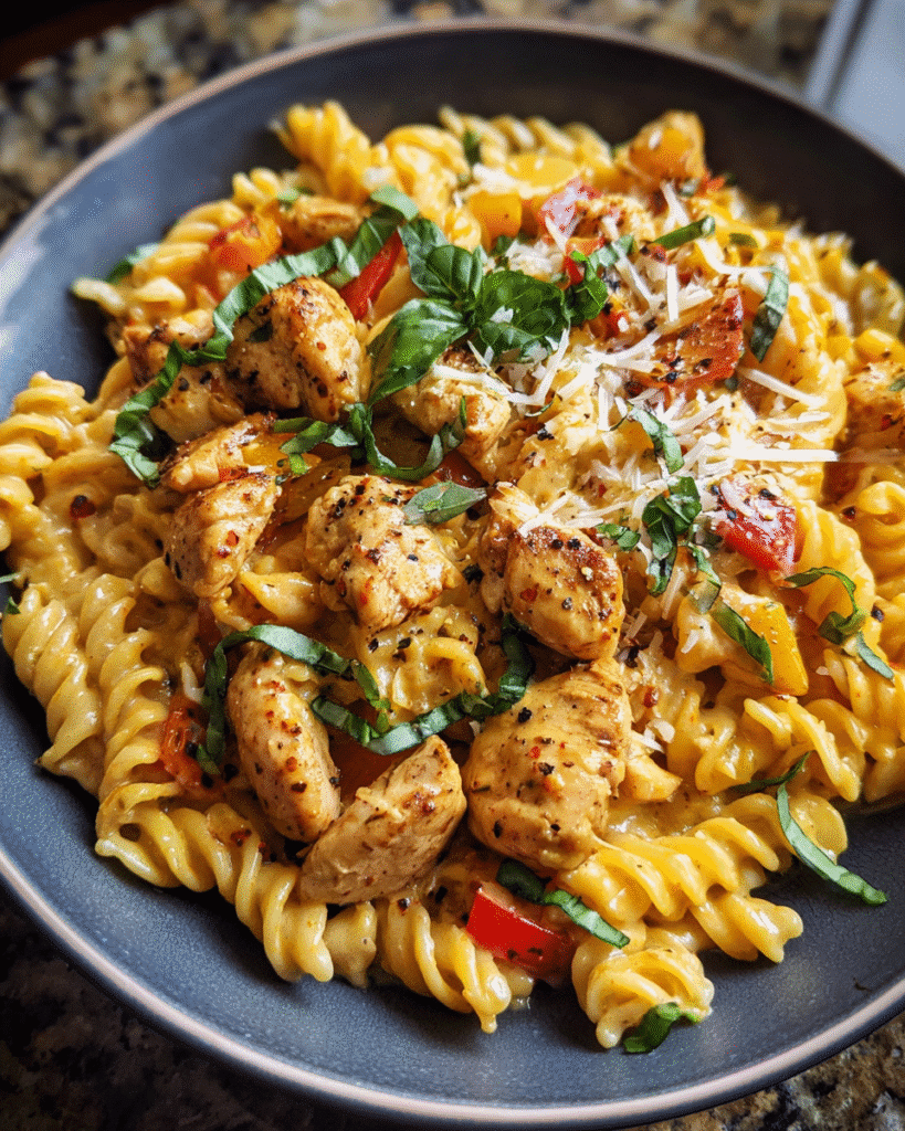 25-Minute Cajun Chicken Pasta in a creamy sauce with bell peppers and herbs in a white bowl