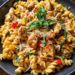 25-Minute Cajun Chicken Pasta in a creamy sauce with bell peppers and herbs in a white bowl
