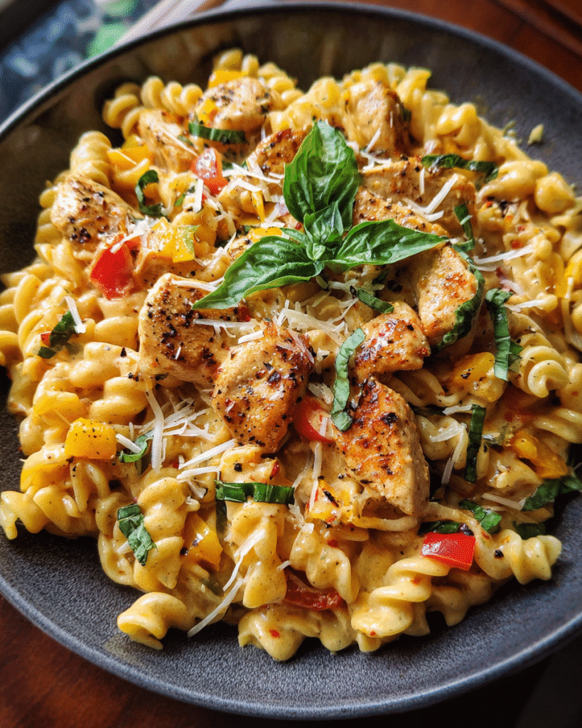 25-Minute Cajun Chicken Pasta in a creamy sauce with bell peppers and herbs in a white bowl
