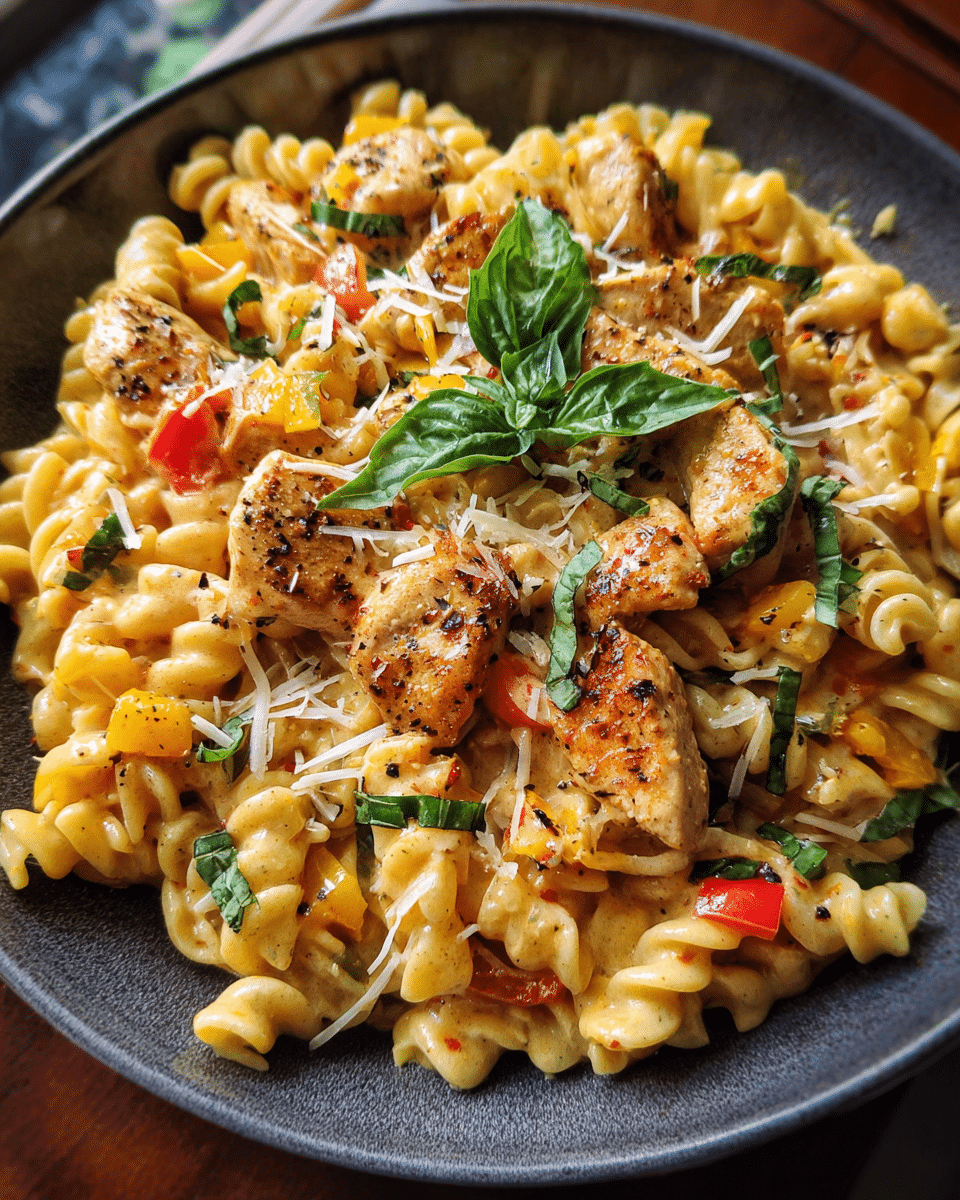 25-Minute Cajun Chicken Pasta in a creamy sauce with bell peppers and herbs in a white bowl