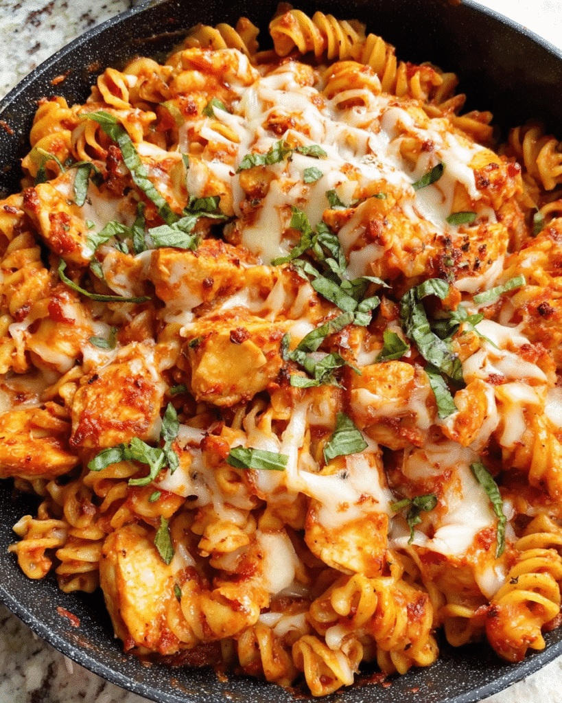 25-Minute Chicken Parmesan Pasta in skillet