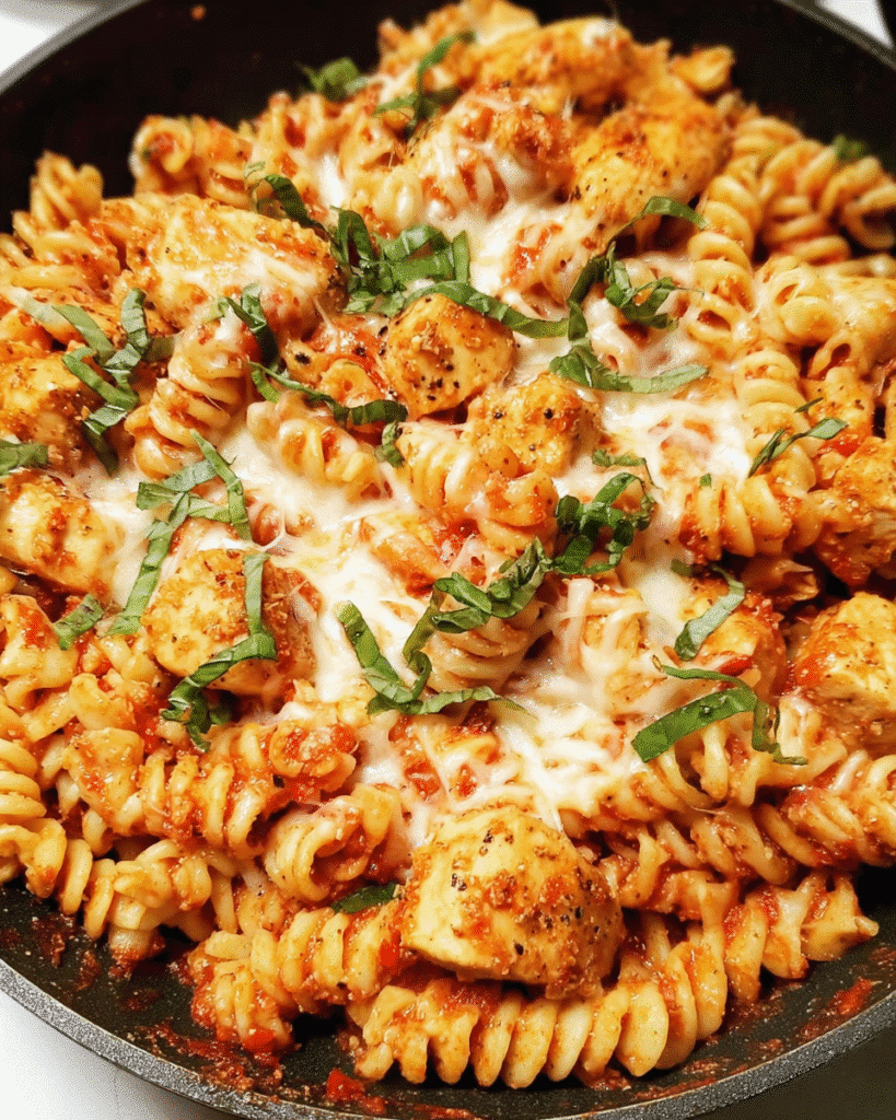 25-Minute Chicken Parmesan Pasta in skillet