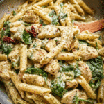 creamy pesto chicken pasta skillet with penne