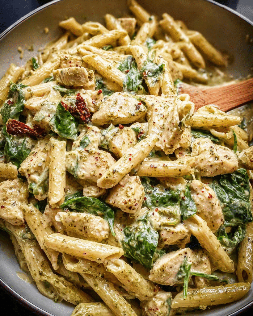 creamy pesto chicken pasta skillet with penne
