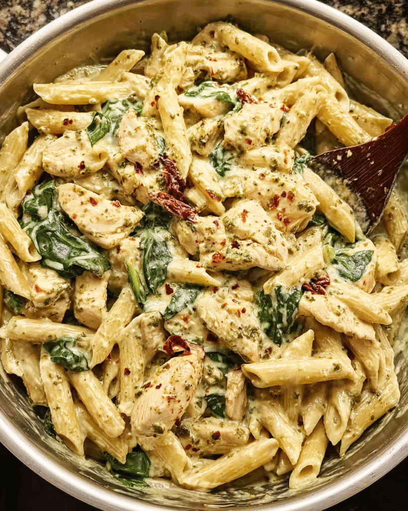 creamy pesto chicken pasta skillet with penne