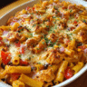 BBQ Chicken Pasta Casserole fresh from the oven with golden melted cheese