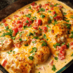 Baked queso chicken in casserole dish topped with melted cheese