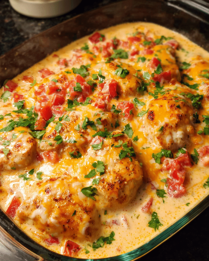 Baked queso chicken in casserole dish topped with melted cheese