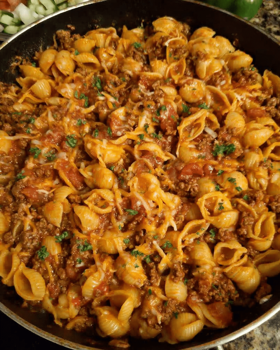 Beef taco pasta skillet with melted cheese