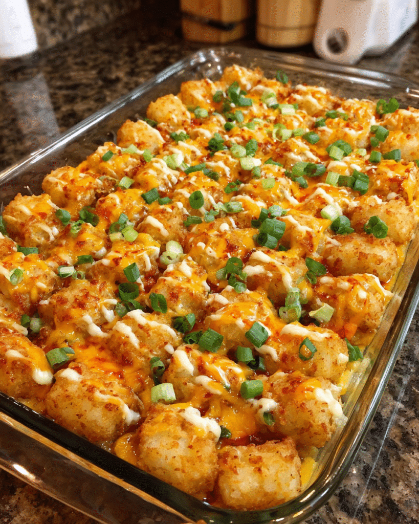 Buffalo chicken ranch casserole with crispy tater tots and melted cheese in a baking dish