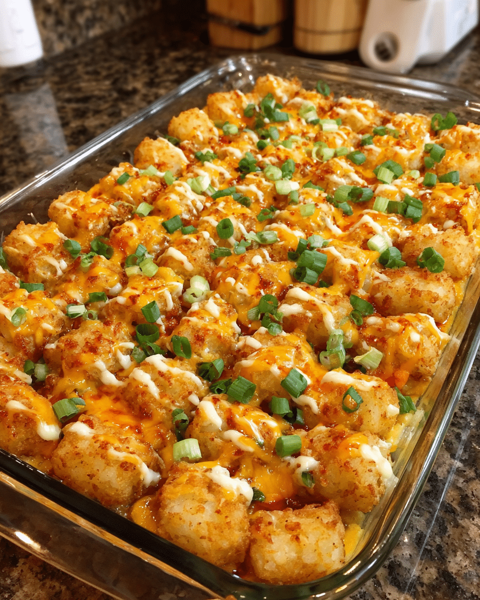 Buffalo chicken ranch casserole with crispy tater tots and melted cheese in a baking dish
