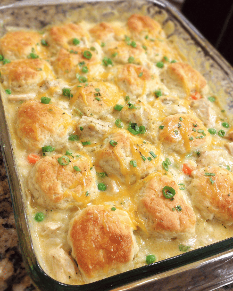 Chicken and biscuits casserole fresh out of the oven in a white baking dish