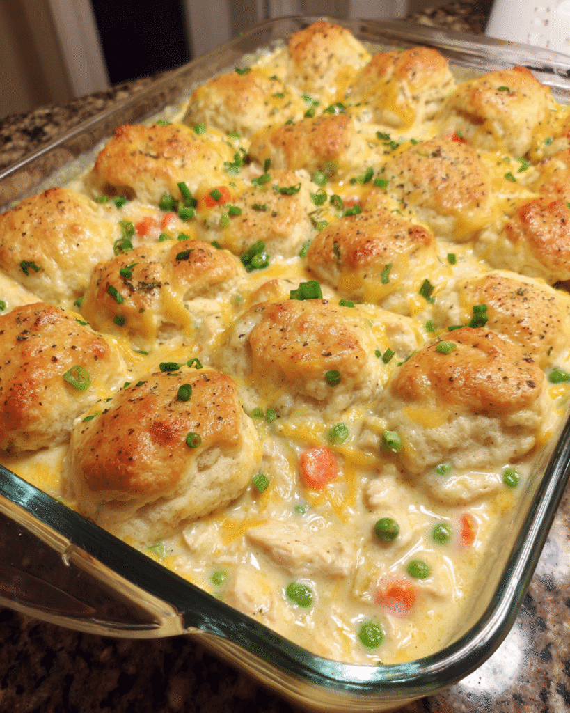 Chicken and biscuits casserole fresh out of the oven in a white baking dish