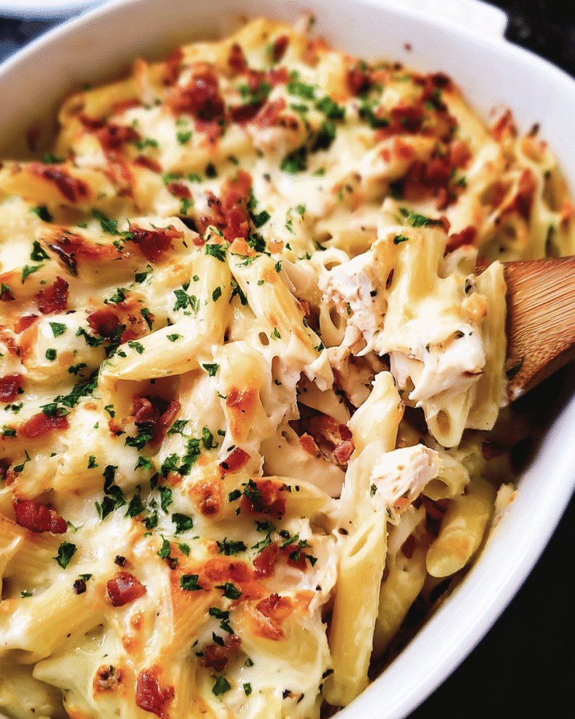 Chicken Ranch Pasta Bake in a casserole dish topped with melted cheese