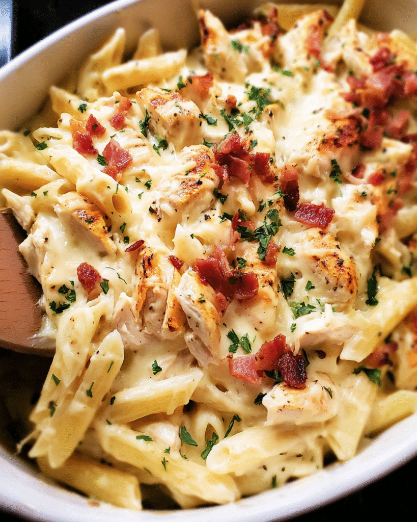 Chicken Ranch Pasta Bake in a casserole dish topped with melted cheese