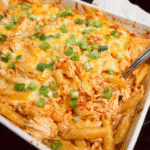 Cheesy Buffalo Chicken Pasta Bake fresh out of the oven with golden, bubbly cheese