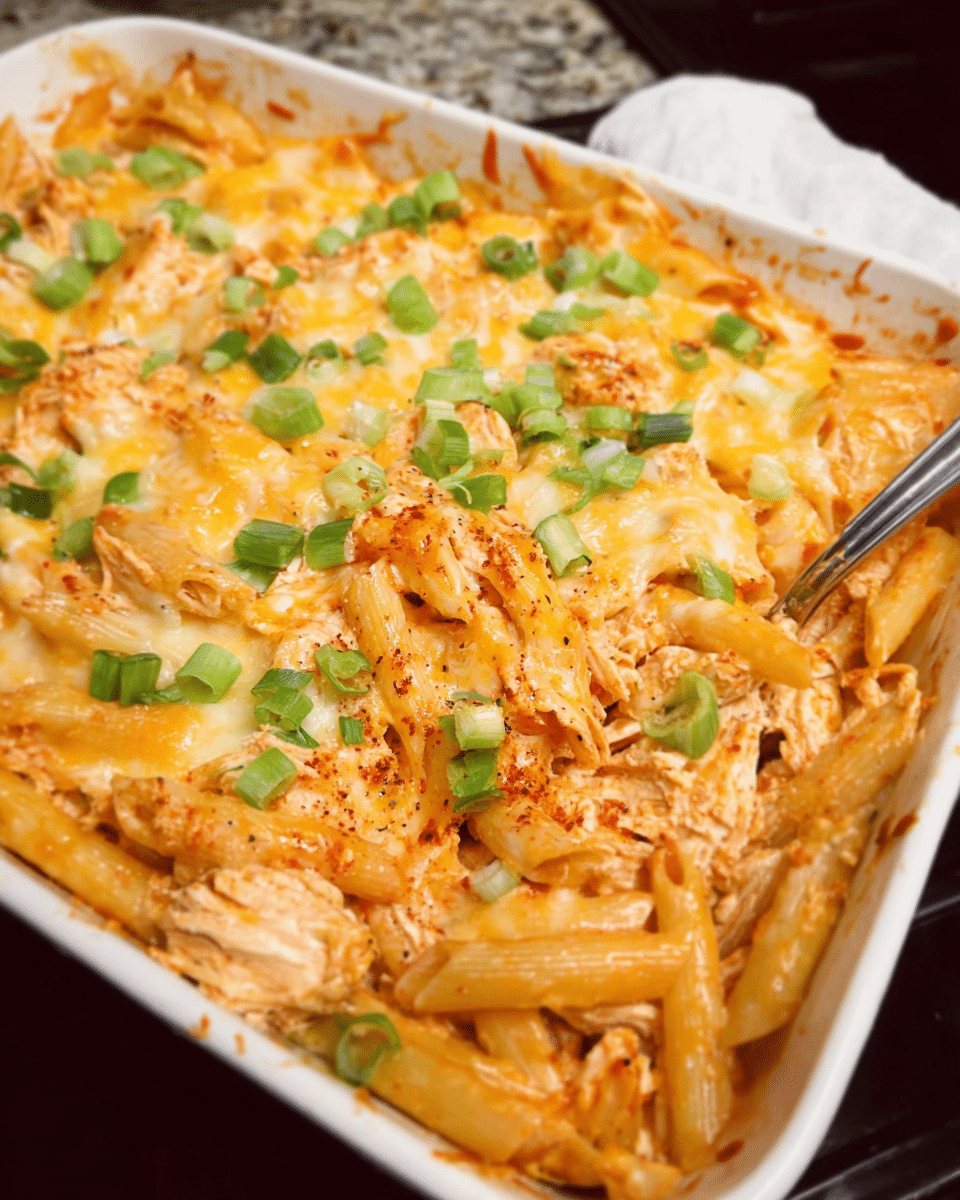Cheesy Buffalo Chicken Pasta Bake fresh out of the oven with golden, bubbly cheese